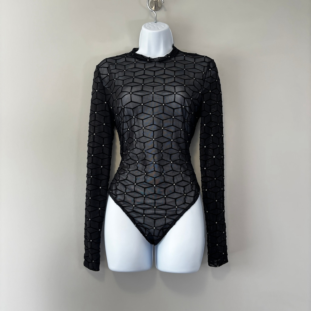 SHEIN Women's Medium Black & Silver Sparkle Long Sleeved Sheer Bodysuit NIB